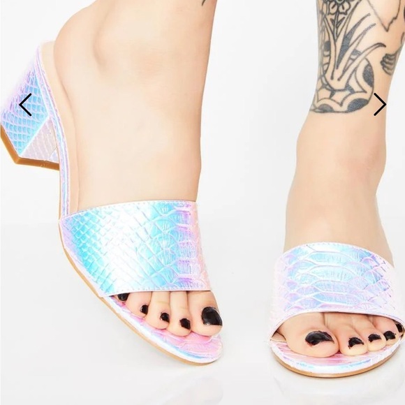 Dolls Kill Holographic Iridescent Pure Prismatic Poison Snake Block Heel Sandals - Picture 3 of 15